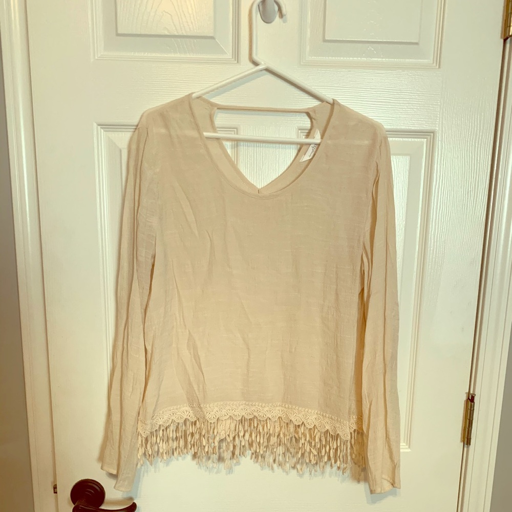 Charming Charlie fringe linen blouse